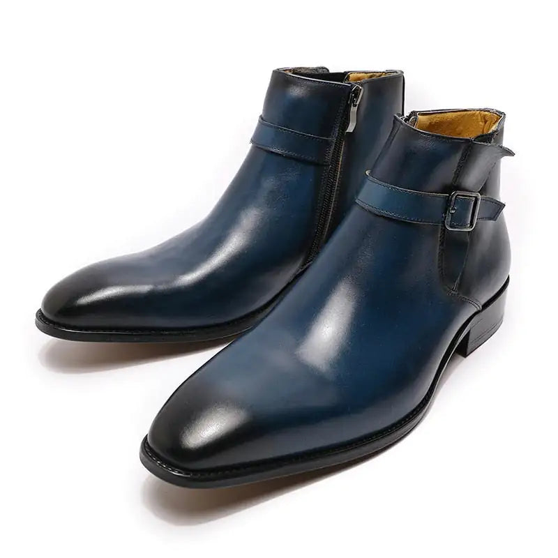 Men's Italian Leather Dress Boots With Zipper & Buckle