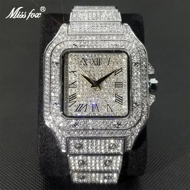 MISSFOX Ice Out Square Watch For Men